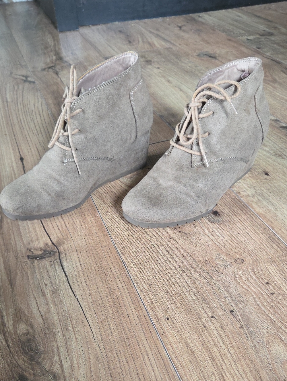 Faded Glory | Suede Lace-Up Wedge Ankle Boots - Taupe